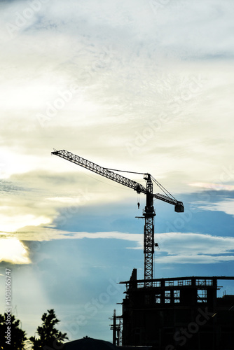 Tower crane at building construction site, Building construction. On site construction.