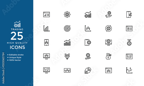 Trading and Investment Line Icons – Editable Stroke Vector Set of Stock Market, Growth, Finance & Currency