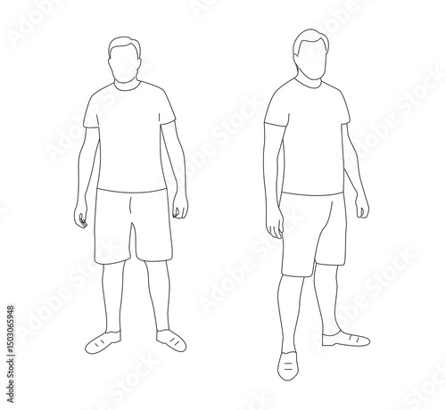 Line Art Figure of Young Man in Summer Clothes T-Shirt and Shorts. People, fashion and outdoor activities vector art