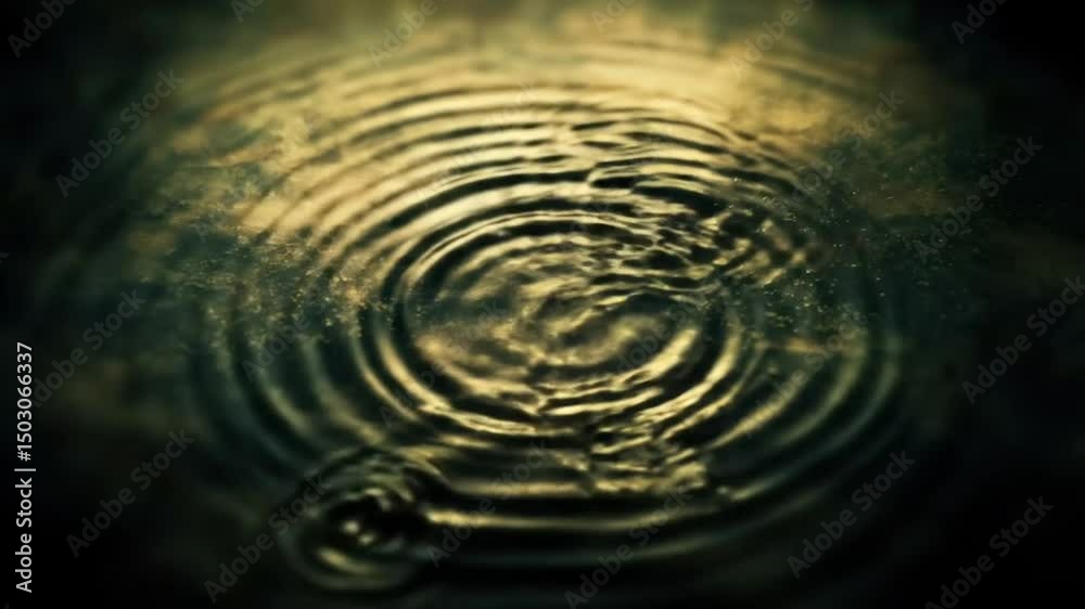 A dark, rich water droplet impacting a still surface, creating concentric ripples. Detailed, close-up view of the water's texture and light interaction A dark, rich water droplet impacting a still surface, creating concentric ripples. Detailed, close-up view of the water's texture and light interaction