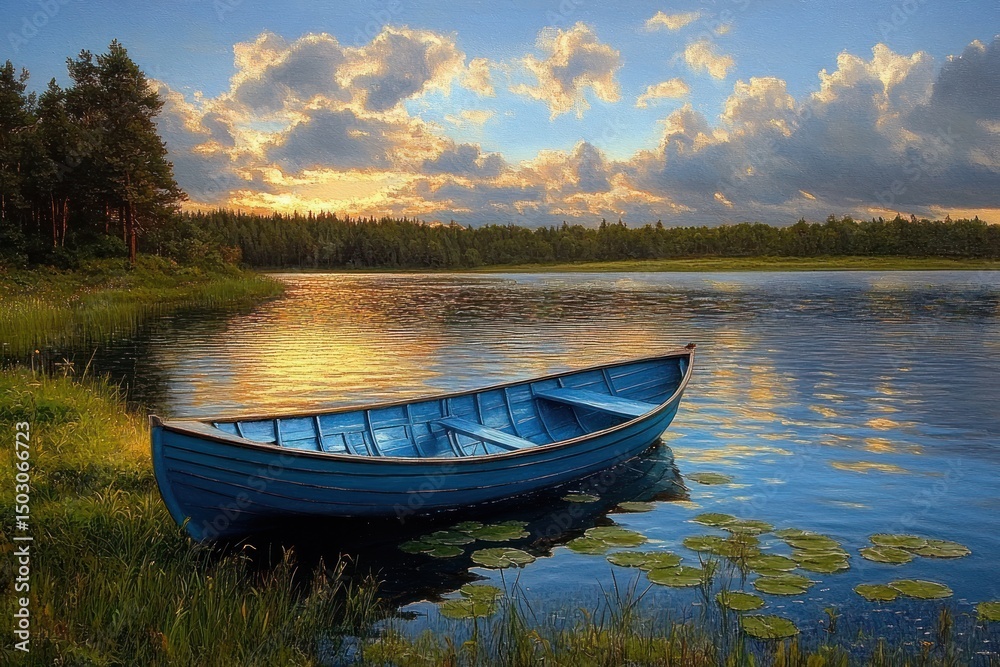 Obraz premium Calm lakeside scene at sunset with a blue wooden rowboat moored near the grassy shore surrounded by lily pads and a forest under a vibrant cloudy sky