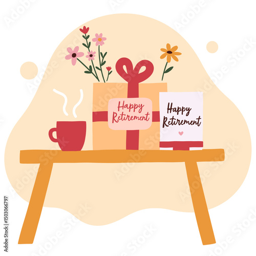 Happy retirement celebration with presents and cake. Greeting cards and wrapped gifts for retired person. Table full of retirement memories and joy. Elderly set