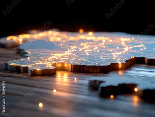 Illuminated topographic map on wood surface showing global connectivity and data networks