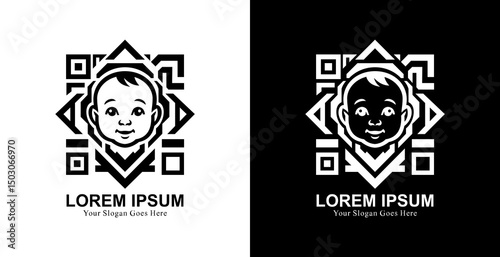 Baby head logo design with QR or barcode shape