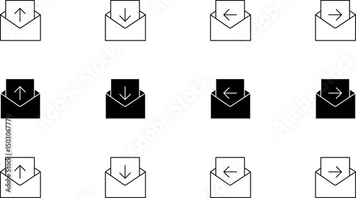 Email icons arrows direction communication inbox message digital correspondence sending receiving upload download digital mail transfer data online