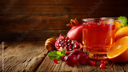 Wooden surface with fruits and sweet juice