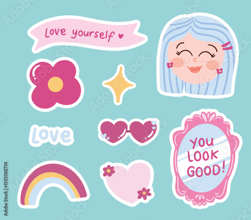 hand drawn cute love yourself element sticker collection