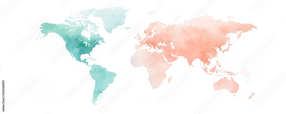 Obraz premium World map watercolor abstract global continents teal peach texture graphic