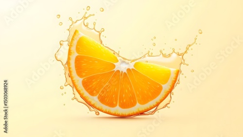 Photorealistic Juicy Orange Slice with Splash on White Background