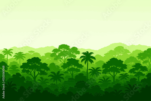 Vector illustration of horizontal panorama tropical rainforest in silhouette style with trees and mountains, jungle concept.


