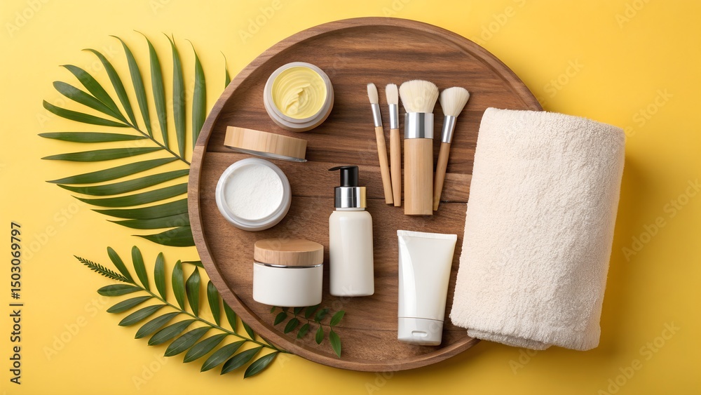 Naklejka premium Flat Lay of Skincare Brushes and Creams with Tropical Vibe