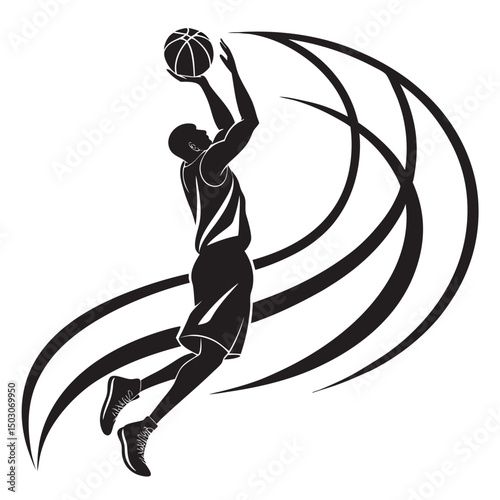 black silhouette of a basketball player jumping after throwing the ball, ball in the basket, black image