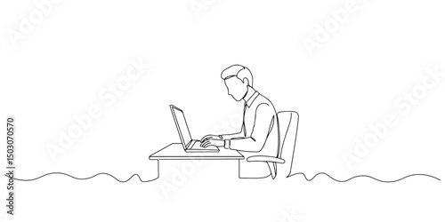 Continuous one line drawing of an office worker sitting working seriously, representing intellectual contribution in work, labor day, line art style vector illustration.