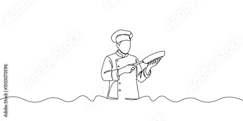 Continuous one line drawing of a cook lifting a frying pan with enthusiasm, representing hard work in the kitchen, labor day, line art style vector illustration.