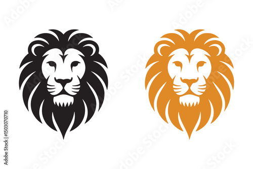 Set of lion head logo design vector illustration in black and orange color on white background