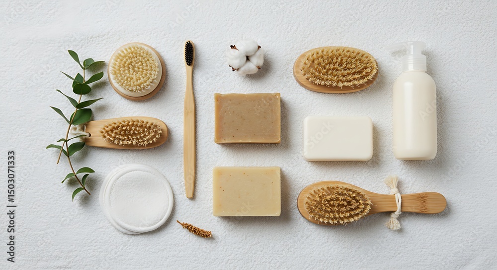 An overhead shot of natural, organic bath products arranged on a white towel background. An overhead shot of natural, organic bath products arranged on a white towel background.