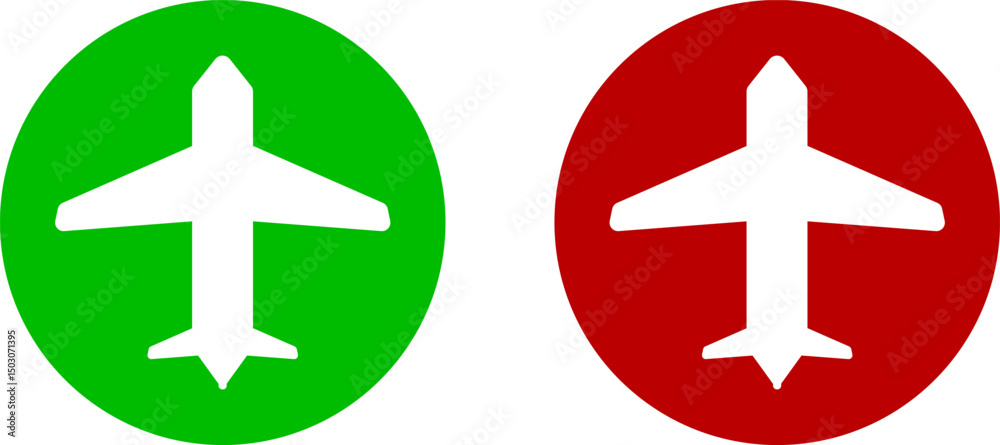 Obraz premium Airplane Mode icons. Airplane Travel Green Red Departure Arrival Flight Icons Air Journey Plane Symbol