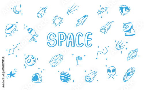 Hand drawn space background. Includes doodle planets, moon, sun, stars, and spaceship. Crayon and pencil style. Great for children’s designs, wallpapers, and cosmic themes.