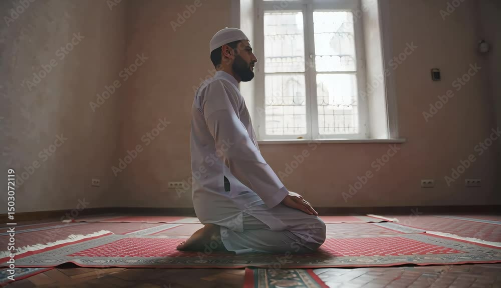 Muslim Man Sitting in Prayer Position During Salah Inside Peaceful Mosque Interio