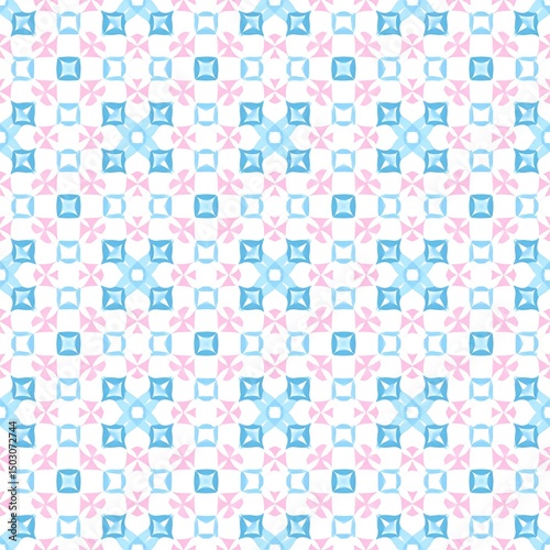 Colorful Seamless Pattern with Geometric Shapes in Blue, Pink, and White for Background or Textile Designs