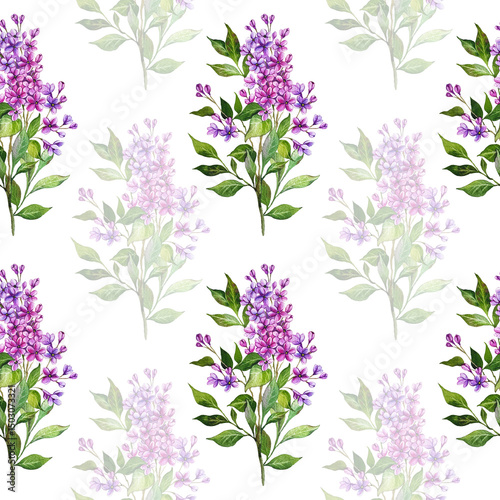 Lilac seamless background. Lilac seamless pattern. Floral background with Lilac branch. Lilac Hand Drawn Watercolor Illustration. Botanical Background for wallpapers, wedding, wrapping paper, textile
