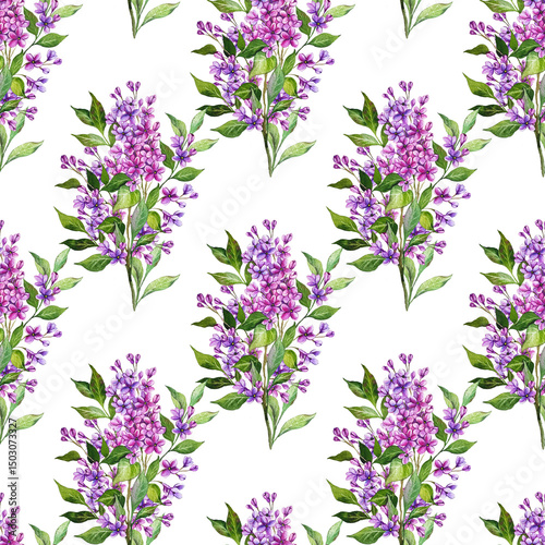 Lilac seamless background. Lilac seamless pattern. Floral background with Lilac branch. Lilac Hand Drawn Watercolor Illustration. Botanical Background for wallpapers, wedding, wrapping paper, textile