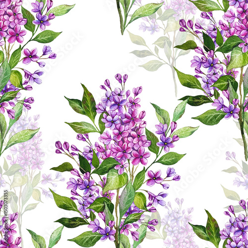Lilac seamless background. Lilac seamless pattern. Floral background with Lilac branch. Lilac Hand Drawn Watercolor Illustration. Botanical Background for wallpapers, wedding, wrapping paper, textile