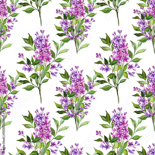 Lilac seamless background. Lilac seamless pattern. Floral background with Lilac branch. Lilac Hand Drawn Watercolor Illustration. Botanical Background for wallpapers, wedding, wrapping paper, textile