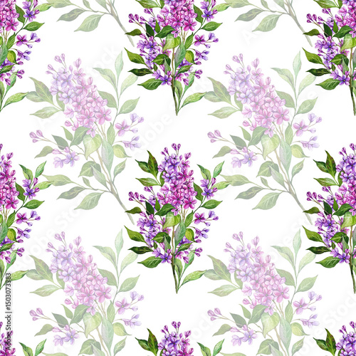Lilac seamless background. Lilac seamless pattern. Floral background with Lilac branch. Lilac Hand Drawn Watercolor Illustration. Botanical Background for wallpapers, wedding, wrapping paper, textile