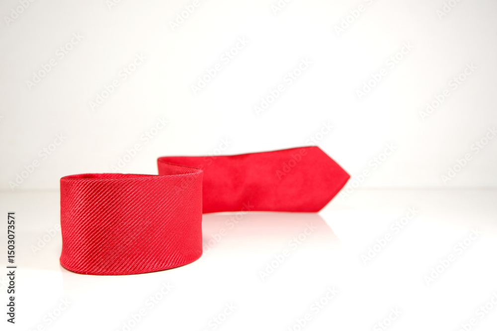 Fototapeta premium red tie rolled on white background closeup view selective focused 