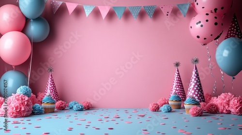 Pink and Blue Birthday Party Setup: Balloons, Cupcakes, and Confetti