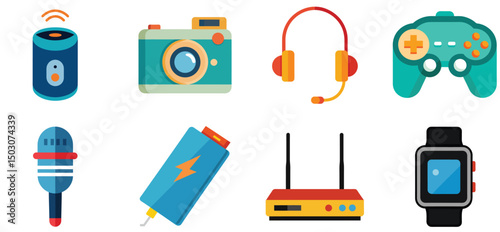 Set of colorful mobile item vector illustration isolated on white background.	