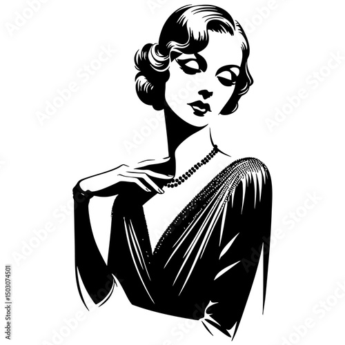 白黒で描かれたレトロスタイルの淑女