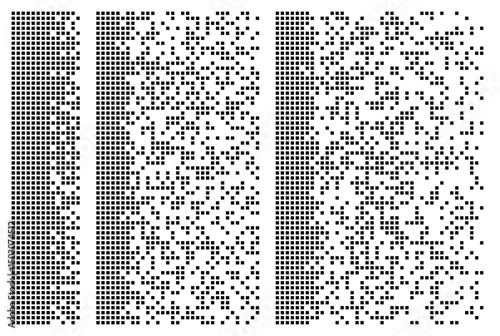 Pixel disintegration background. Halftone effect with small squares and particles. Collection of pixel disintegration effects. Dispersed dotted pattern, decay effect. Vector