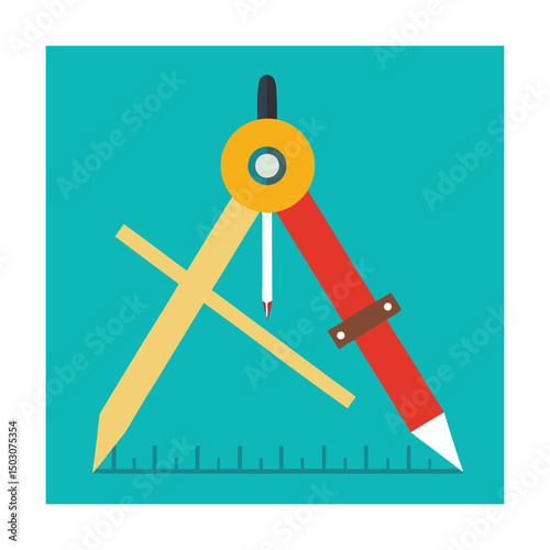 Flat design illustration of a yellow red drafting compass tool on a teal background