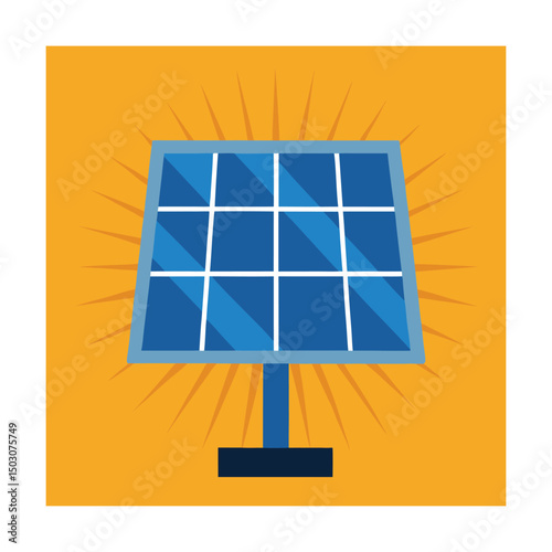 Cartoon illustration of a blue solar panel generating clean renewable energy against yellow background