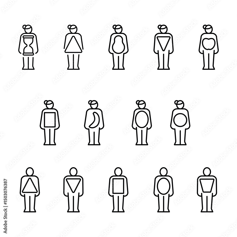 Obraz premium Female and Male Body types shapes type black line icons set for digital and print projects.