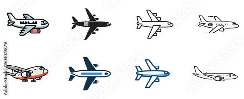 set of airplane icons, aircraft and jet vector illustrations, aviation and air travel transportation
