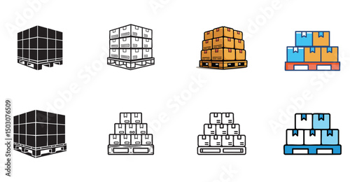 set of palletized box icons, stacked cardboard on pallet vector illustrations, warehouse storage and bulk cargo shipping
