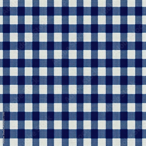 Seamless checkered fabric pattern in shades of blue and white with a classic grid design