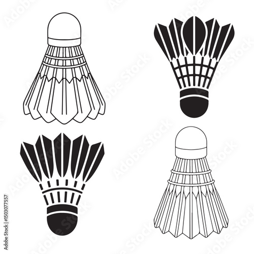 set vector various Badminton Shuttlecock Illustrations  line art outline Black and White, Badminton shuttlecock icon vector silhouettes, 