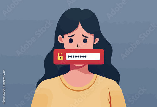 Clean flat vector of individual locked behind a password screen, visual concept for hidden emotions, emotional inaccessibility, and self-protection

