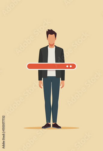 Digital metaphor flat illustration of a person behind a login password field, minimalist design showing emotional distance and fear of connection
