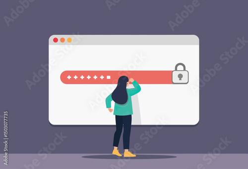 Flat symbolic vector of a figure hidden behind password input box, metaphor for emotional walls, secrecy, and guarded vulnerability
