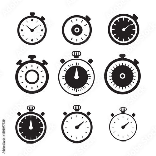 A set off black and white stopwatch icons, perfect for representing time, speed, competition, or any design that needs a clear visual representation of timing.