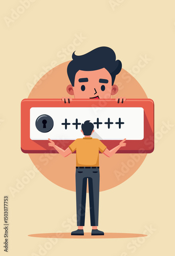 Flat minimalist illustration of a person trapped behind a large password input box, symbolizing emotional barriers and hidden feelings in a digital metaphor
