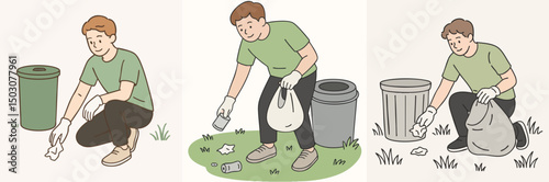 collection of teenage boys picking up trash in the park, wearing light green t-shirts and black pants in style vector flat design 