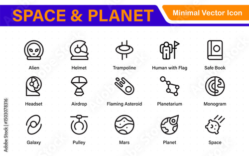 Modern Space and Planet Icons – Clean Outline, Line Art, and Vector Illustrations for Astronomy, Space Exploration, Planets, and Solar System Designs