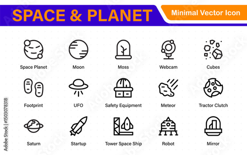 Modern Space and Planet Icons – Clean Outline, Line Art, and Vector Illustrations for Astronomy, Space Exploration, Planets, and Solar System Designs