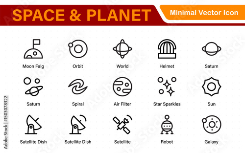 Modern Space and Planet Icons – Clean Outline, Line Art, and Vector Illustrations for Astronomy, Space Exploration, Planets, and Solar System Designs